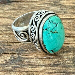 Vintage Tibetan Turquoise Sterling Silver 925 Ring Signed 13.7g Size 6